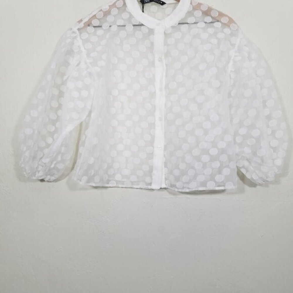 Zara Sheer Polka Dots Button Up Top Blouse White Size S